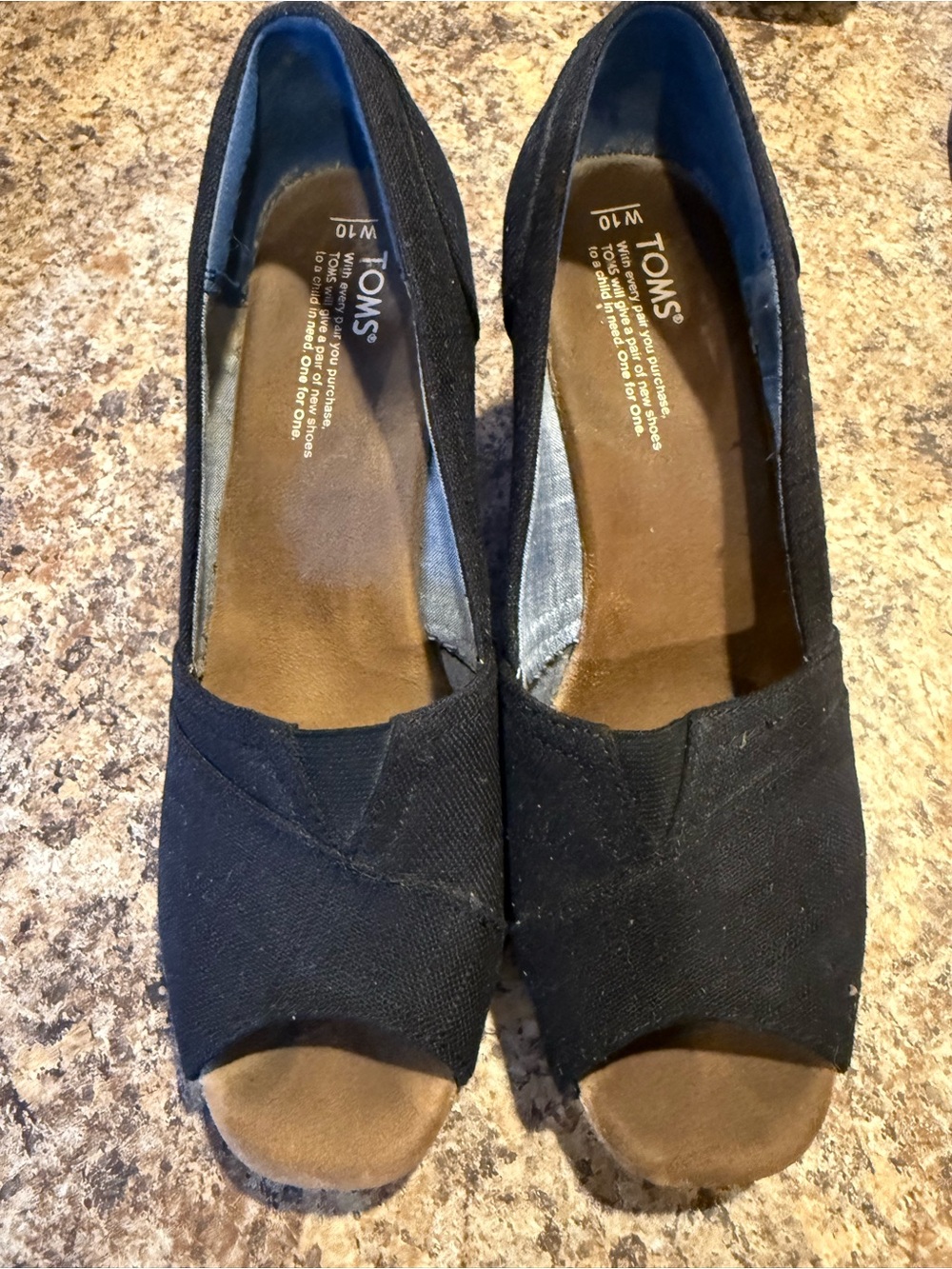 TOMS Women's Black Canvas Peep-Toe Cork Wedges